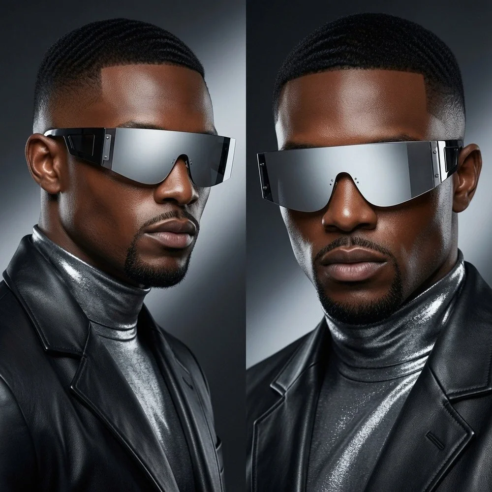Mens Futuristic Shield Sunglasses Black Silver Mirror Wrap‎ Around Cyber Shades